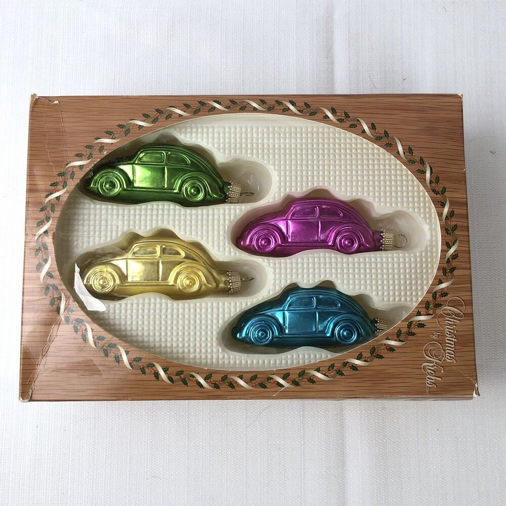 Vtg Christmas by Krebs Buggie VW Bug Car Ornaments Glass Set of 4 Made in USA